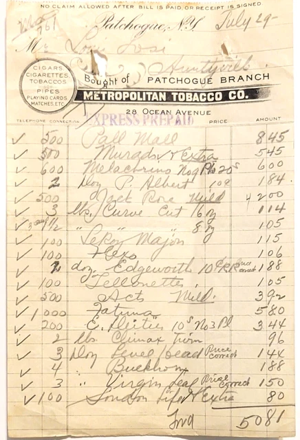Metropolitan Tobacco Co Patchogue NY 1900s Billhead Cigars Cigarettes