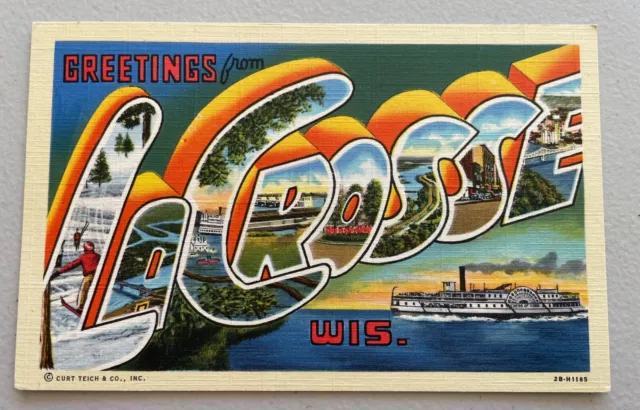 Greetings from LaCrosse Wisconsin LARGE LETTER linen postcard Curt Teich