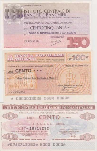 3 Mini Assegni da 100 Lire del 1976 fds - quello in basso intestato SUM raro
