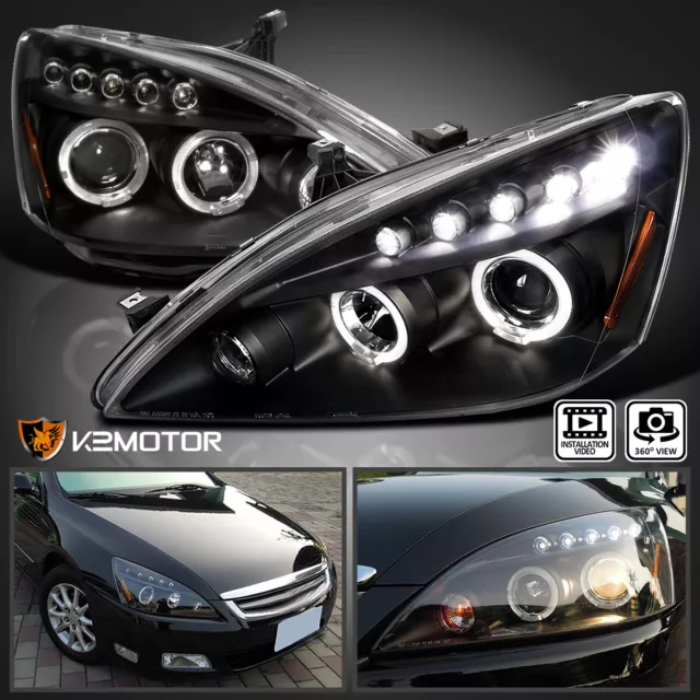 Black Fits 2003-2007 Honda Accord LED Halo Projector Headlights Lamps Left+Right