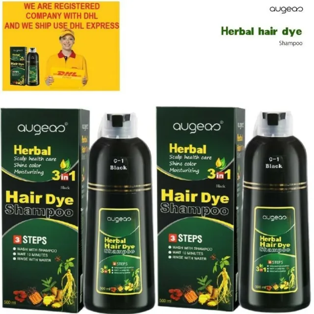 2 x 500ml Augeas Herbal 3 In 1 Hair Dye Shampoo (Black) ENVÍO EXPRESS DHL