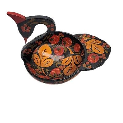 **Russian Folk Art Swan Bowl 2 spoons Hand Painted Lacquered Made in USSR Vntg