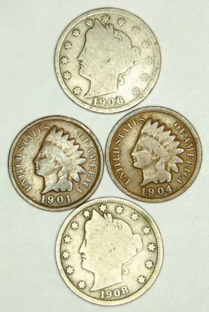 Indian Head Penny, Liberty V Nickel - 4 coin lot