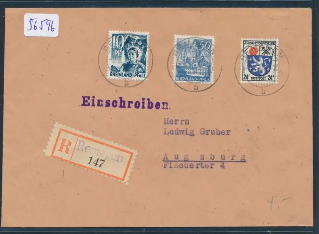 56596) Frz.Zone Pfalz, Beh.-RZ Remagen , R-Brf 1948, MiF mit Wappen