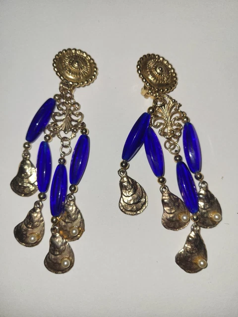Boucles D'Oreilles Dormeuses Art Déco Vintage - Bleu Et Doré - Style Rétro Ancien - Occasion