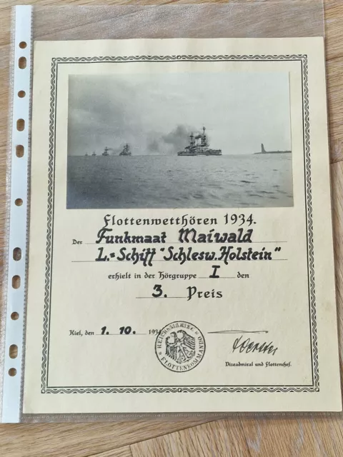 Urkunde Linien Schiff Schleswig-Holstein 1934 Original Foto Kiel Marine  Nr 3/3