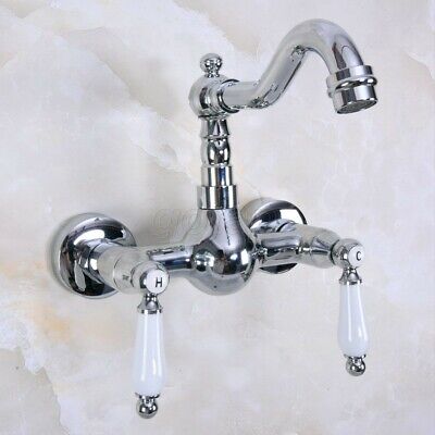 Chrome Brass Wall Mount 2-Handle Kitchen Bathroom Sink Faucet Swivel Mixer Tap