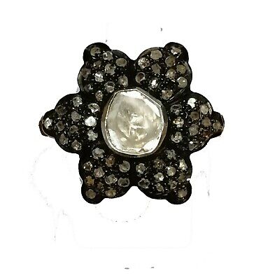 925 Argent Sterling Naturel Diamant Polki Bague Antique Victorien Fleur Design