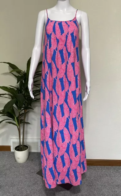 Vineyard Vines Sz 6 Palm Print Linen Blend Maxi Dress Smocked Blue Pink  Beach