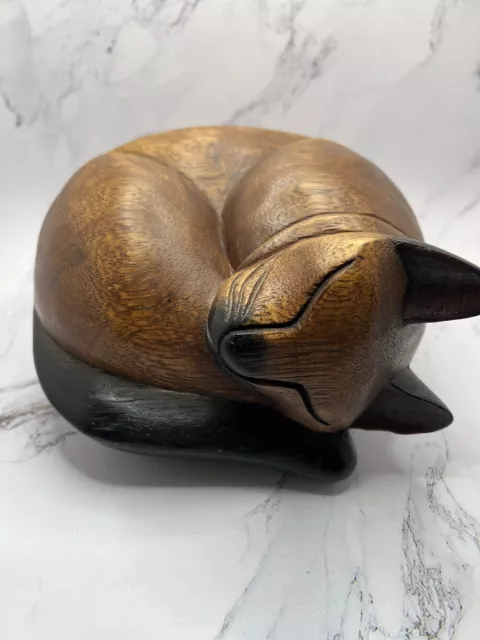 Vintage Hand Carved Wooden Siamese Cat Figure Curled Up Sleeping 7" Folk Art