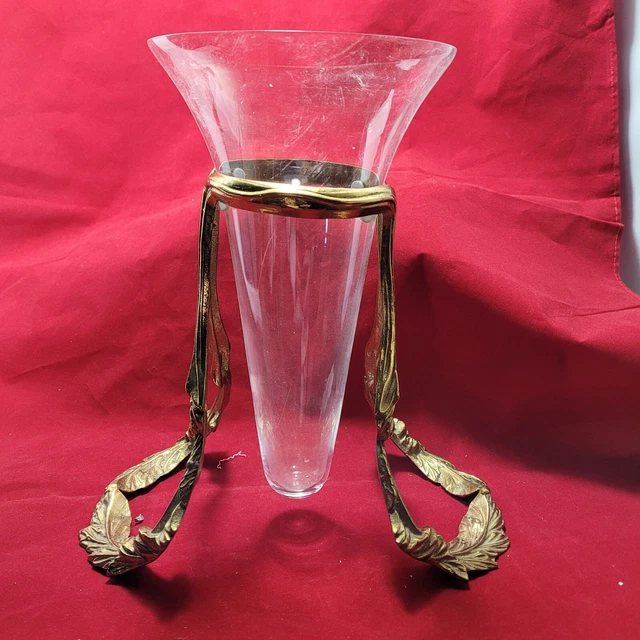 10.5" Gilt Metal Neoclassical Figural Stand with glass Vase hollywood Regency