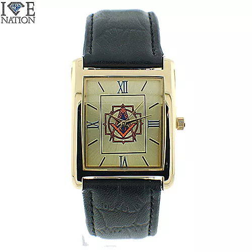 Masonic Watch Gold Tone Elegant Dial w Black Leather Band Brand New