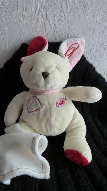 doudou babynat lapin ecru rose rouge 25 cm sans les oreilles mouchoir blanc