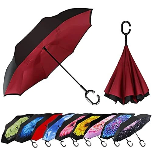 MRTLLOA Windproof Inverted Reverse Umbrella with UV Protection C-Shaped Handl...