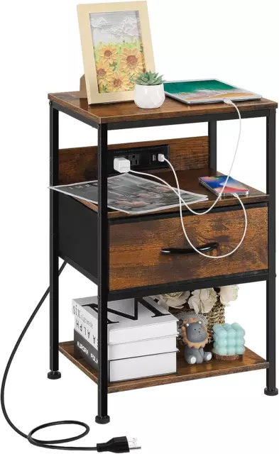 Nightstand with Charging Station LED Bedside Table with USB Ports and Outlets fo