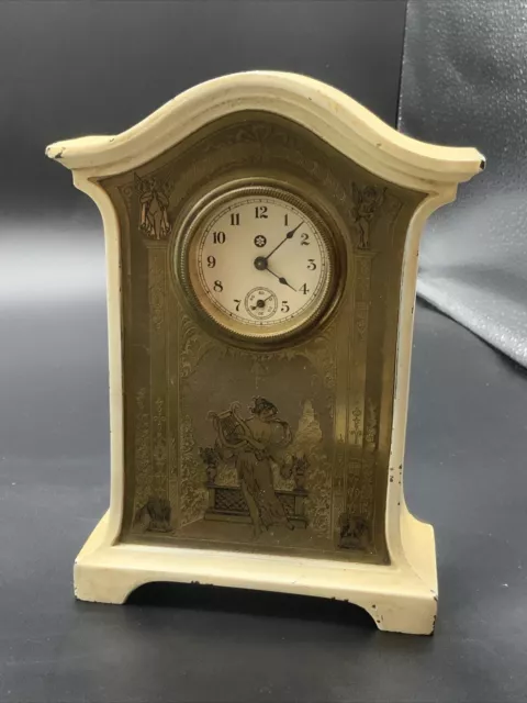 Works! Vintage Antique Gold Gilded Art Nouveau Cherub Lady Figure Wind Up Clock