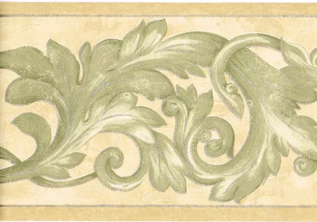 Architectural Acanthus Leaf Ornate Scroll Green Sage Gold Wall paper Border