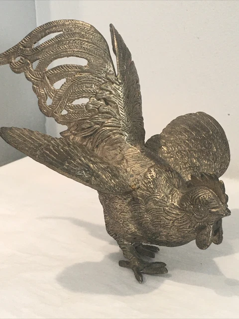 Vintage Cast Metal Silver Tone Rooster Figurine Statue Heavy Solid Statue