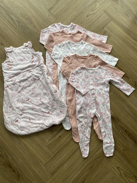 Baby Girl TU Pink Floral Sleep Bag and Sleepsuit (x5) Bundle 9-12 Months