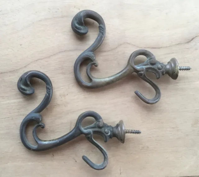 2 Antique Coat Hooks - Ornate Brass 4 3/4" x 4 3/4"