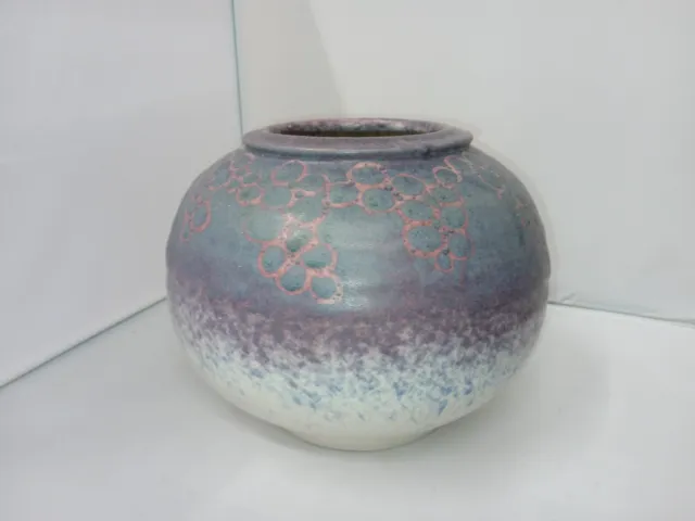 Large Hand Made Painted Modern Studio Ceramic Pottery Vase Purples Blues Signed