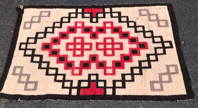 OLD Navajo Woven Textile Weaving 54 X 32” Chimayo Tapestry Throw Rug REDS Navaho