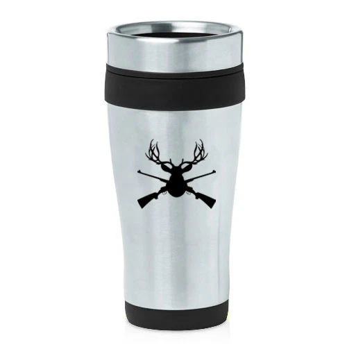Stainless Steel Insulated 16oz Travel Mug Coffee Cup Deer Hunter Head Rifle
