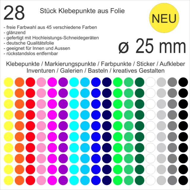 28 Stück Klebepunkte aus Folie glänzend rund 25mm Aufkleber Sticker Inventur NEU