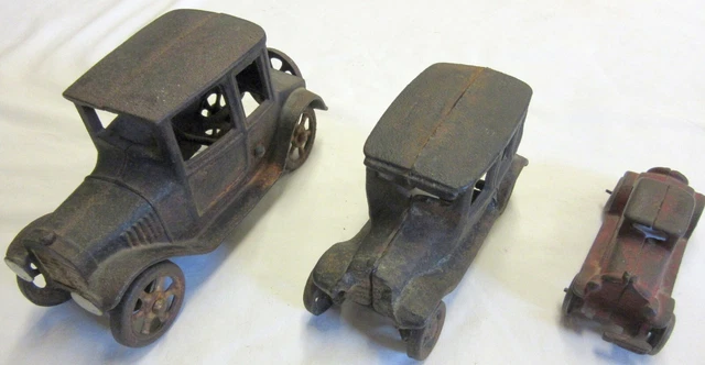 3-VINTAGE CAST IRON Toy Cars- Model T Coupe, Model T Sedan & AC