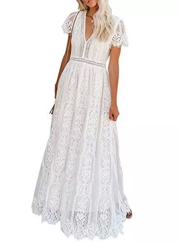 BLENCOT Womens Floral Lace Deep V Neck Short Sleeve Long Dress White Large