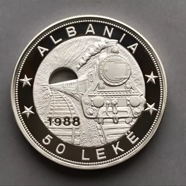 ALBANIA  Silver  50 Leke  1988   5 Oz  RAILWAY   Proof