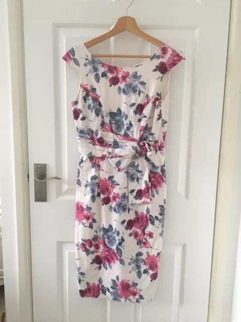 Oasis Gorgeous Ivory Pink & Grey Floral Bow Waist Shift Dress Size 10