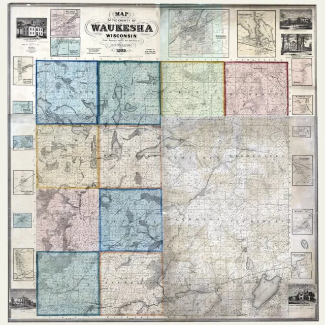 1859 Farm Line Map of Waukesha County Wisconsin