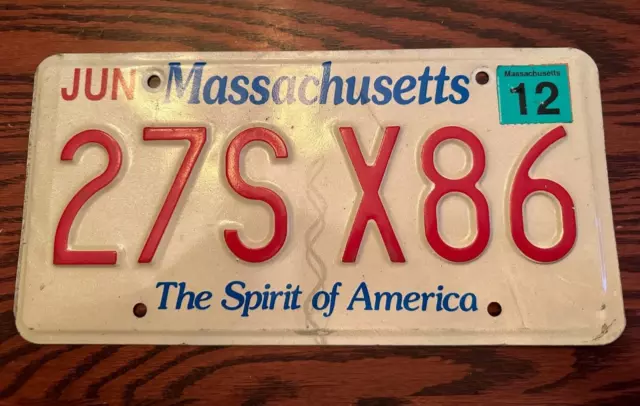 2012 Massachusetts License Plate 27S X86 Spirit of America MA USA Authentic June