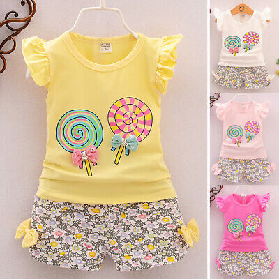 Kids Girls Toddler Baby Outfits T-Shirts Tops + Floral Shorts Pants Clothes Sets
