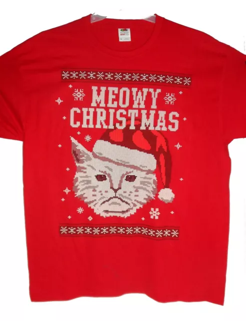 New Meowy Christmas Ugly Sweater T-Shirt Grumpy Cat Wearing A Santa Hat Red Xl