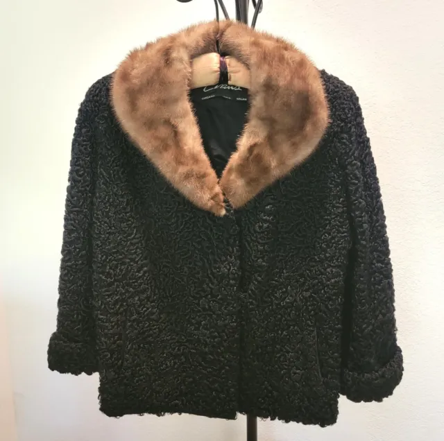 Beautiful Vtg Fur Black Persian Curly Lamb Coat w/Lt Brown Mink Collar Size M/L
