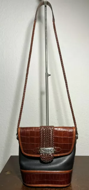 BRIGHTON Brown Croco Embossed Leather Braided Shoulder Crossbody Bag Purse