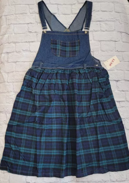 Overall Jumper Dress 40 Flannel Denim Blue Jean Plaid Vintage Style 90s Y2K NEW