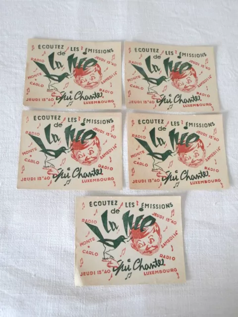 lot 5 anciens buvards La pie qui chante émissions radio monte carlo/luxembourg