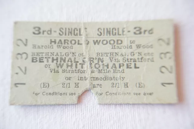 1953 Harold Wood to Bethnal Green Whitechapel British Rail Railway Train Ticket