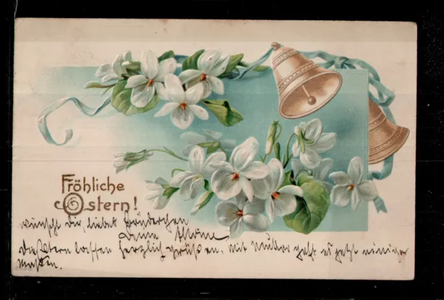AK Ostern Glückwunsch, Künstler Präge,  weiße Veilchen Glocke, Kleinformat