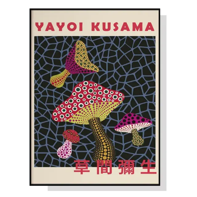 Wall Art Mushroom By Yayoi Kusama Black Frame Canvas 60cmx90cm