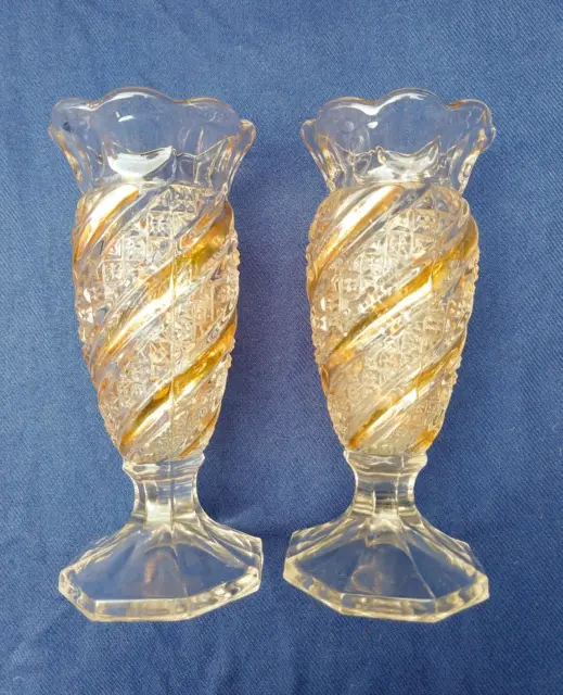 Vtg Antique Eapg Pressed Glass Gilt 1898 Clear Diamond Gold Band Swirl Vase Pair