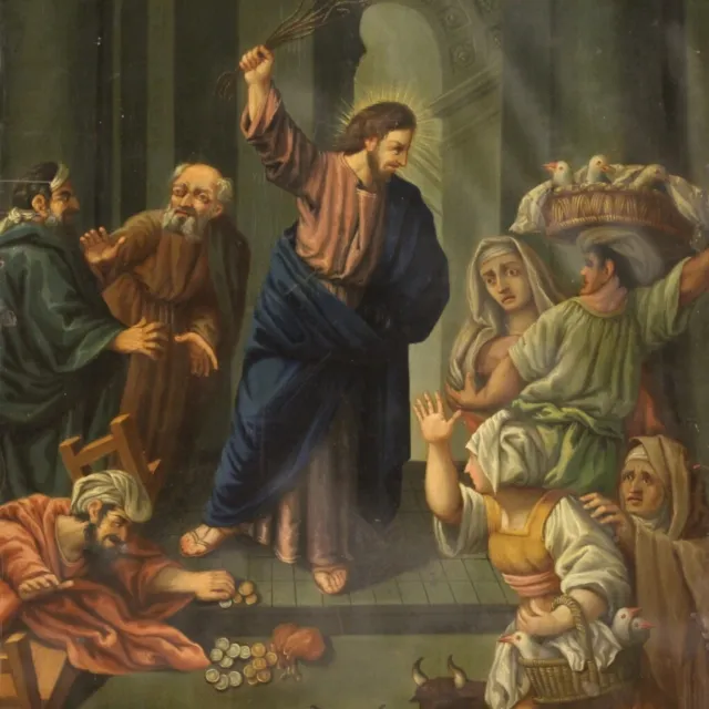 Pintura religiosa óleo cobre cuadro purificación golpiza mercaderes siglo XIX