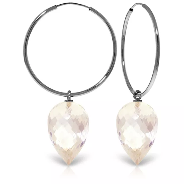 14K. SOLID GOLD HOOP EARRINGS WITH POINTY BRIOLETTE DROP WHITE TOPAZ (White Gold