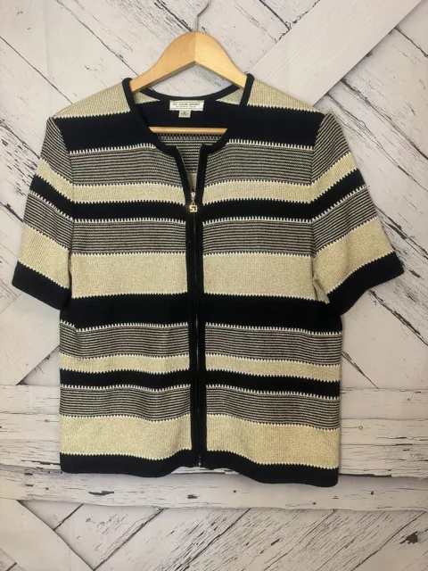 St. John by Marie Gray Cardigan Sweater Womens Small Yellow Striped Short Sleeve