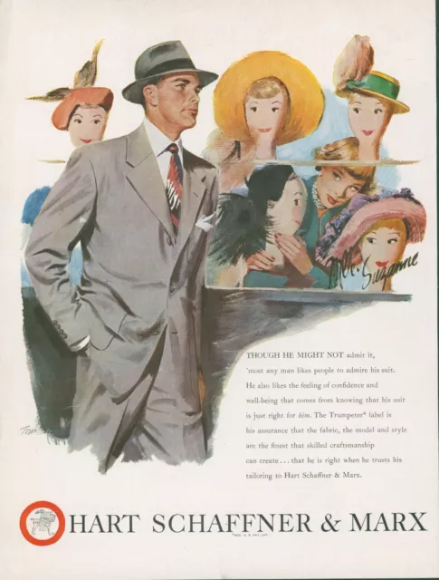 1949 Hart Schaffner Marx Suit Trumpeter Hat Shop Saleswoman Vtg Print Ad C15