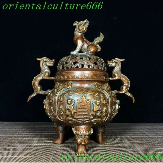 9.2"Ancient bronze dragon loong beast child tongzi statue Incense burner Censer