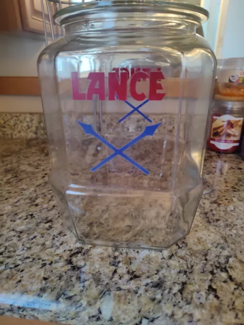 Vintage Lance store glass Counter  jar with Original Embossed Lance  lid